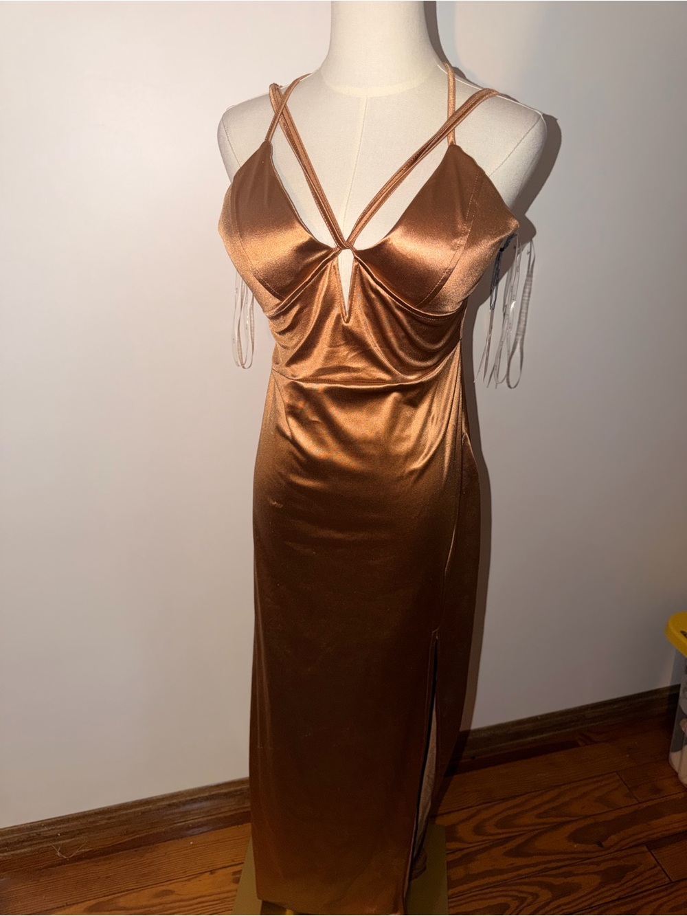 Elegant Satin Strappy Slip Dress in Bronze
